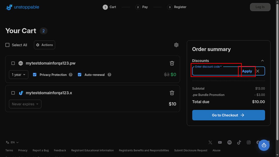 Unstoppable Domains checkout page showing the Enter discount code field and Apply button