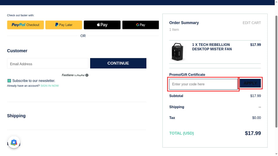 Until Gone checkout page showing the Enter your code here field and APPLY button