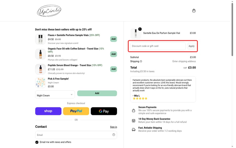 UpCircle Beauty checkout page showing the Discount code or gift card field and Apply button