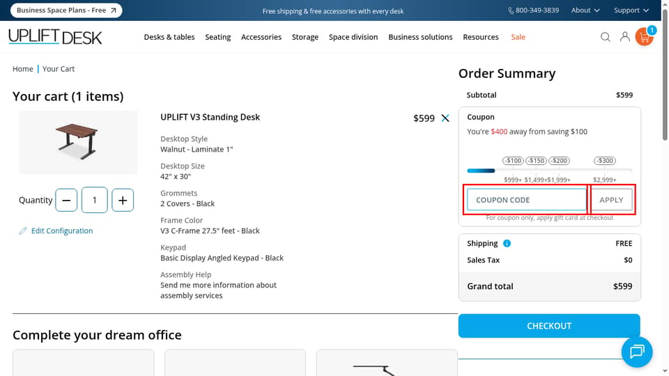 UPLIFT Desk checkout page showing the Coupon Code field and Apply button