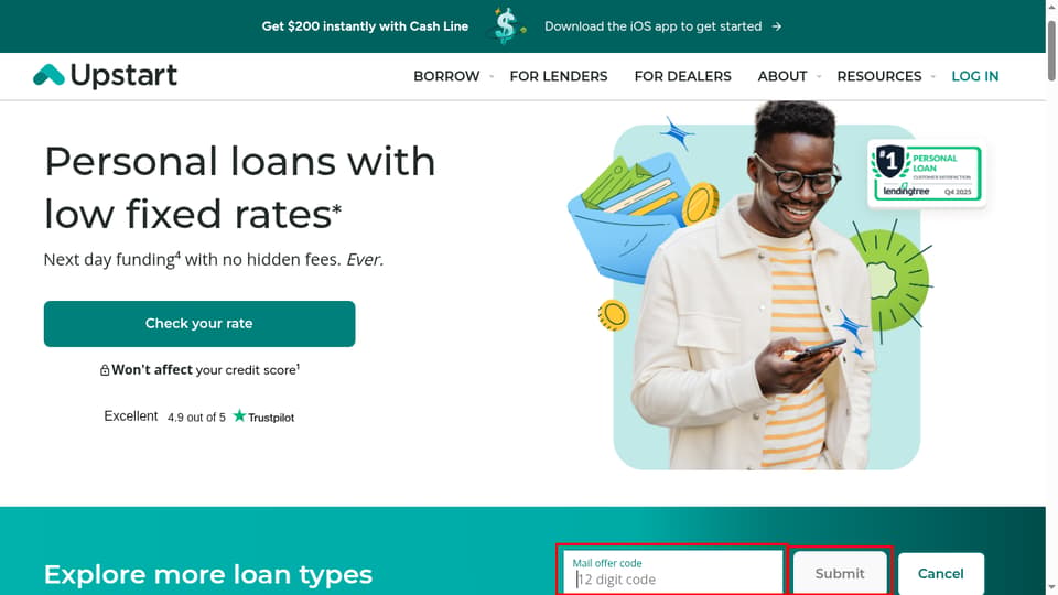 Upstart checkout page showing the 12 digit code field and Submit button