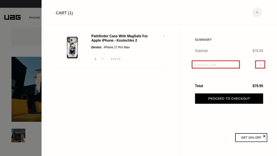 Urban Armor Gear checkout page showing the Discount Code field and Apply button