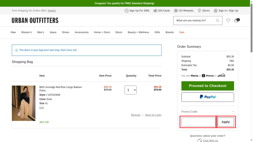 Urban Outfitters checkout page showing the Promo Code field and Apply button