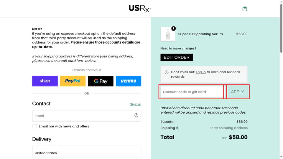 Urban Skin RX checkout page showing the Discount code or gift card field and Apply button