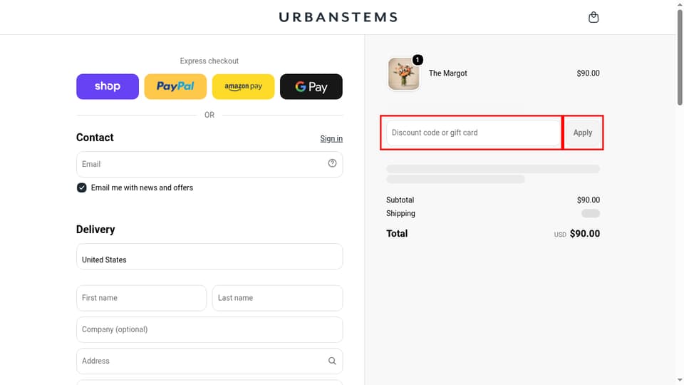 UrbanStems checkout page showing the Discount code or gift card field and Apply button