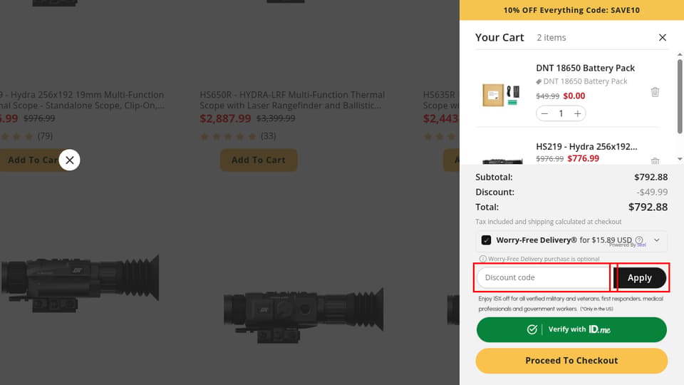 DNT Optics checkout page showing the Discount code field and Apply button