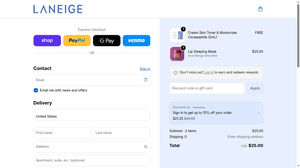 Laneige checkout page showing the Discount code or gift card field and Apply button