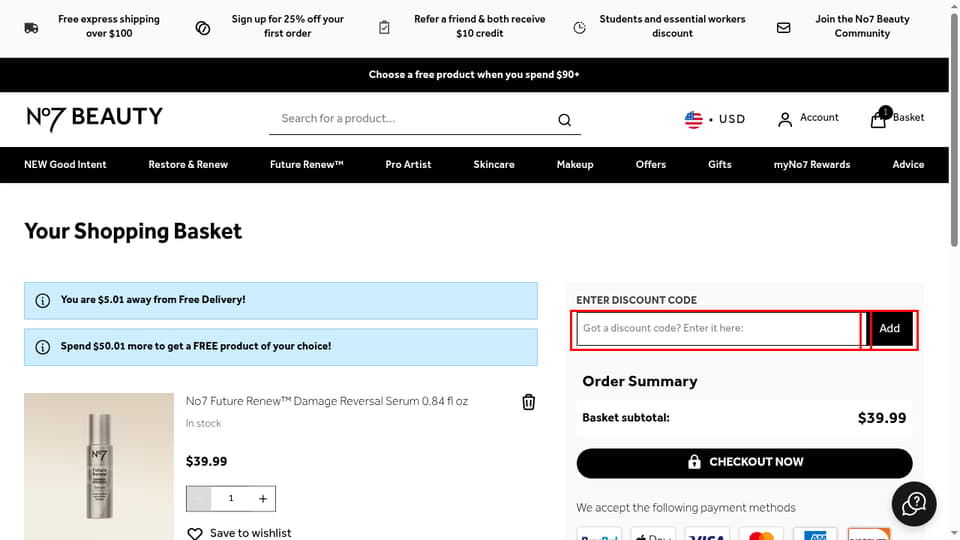 No7 checkout page showing the Got a discount code? Enter it here: field and Add button