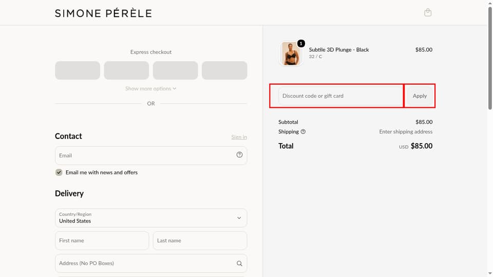 Simone Pérèle checkout page showing the Discount code or gift card field and Apply button