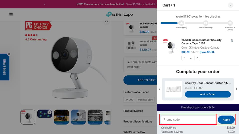 Tapo (by TP-Link) checkout page showing the Promo code field and Apply button