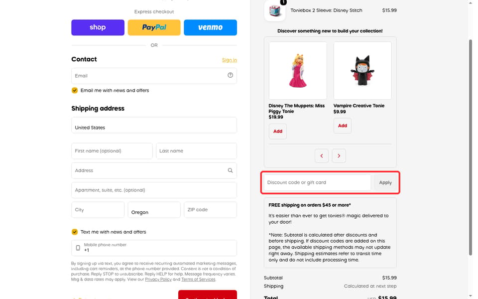 Tonies checkout page showing the Discount code or gift card field and Apply button