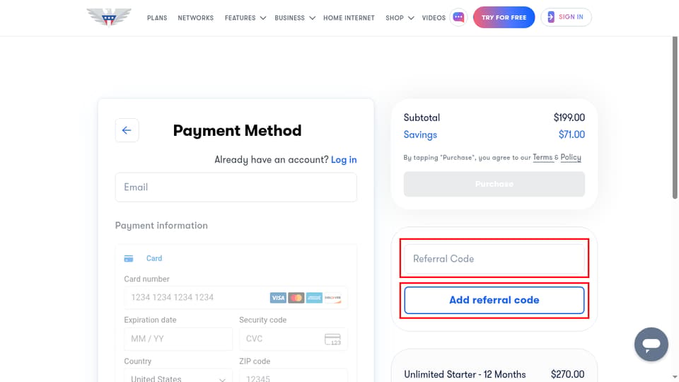 US Mobile checkout page showing the Referral Code field and Add referral code button