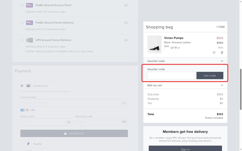 Vagabond Shoemakers checkout page showing the Voucher code field and Use code button