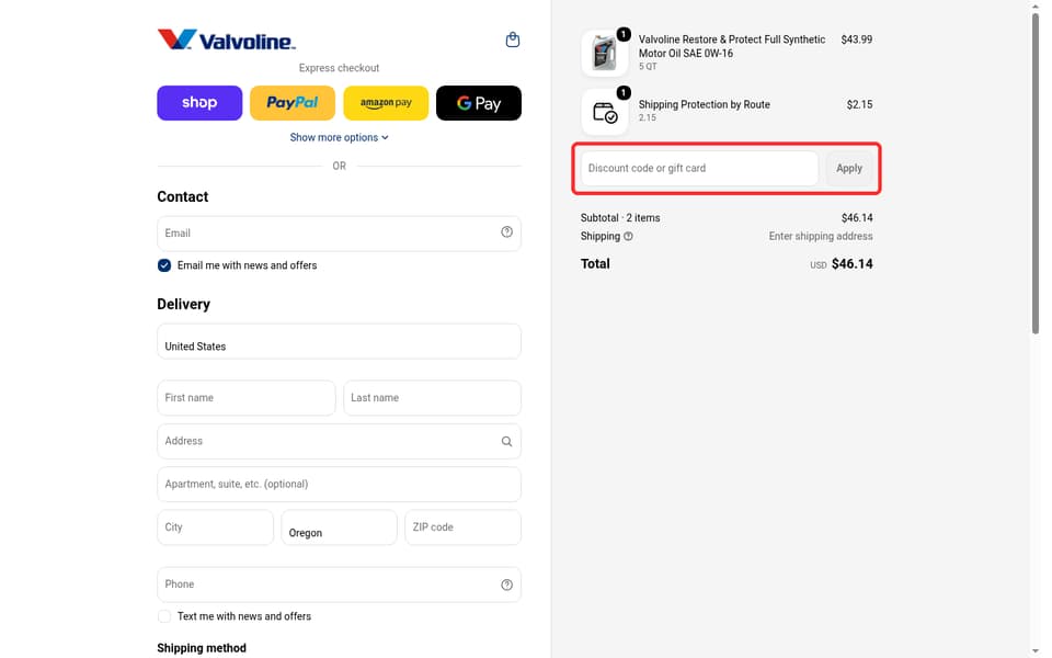 Valvoline checkout page showing the Discount code or gift card field and Apply button