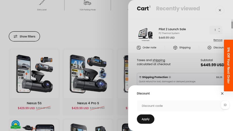 Vantrue checkout page showing the Discount code field and Apply button