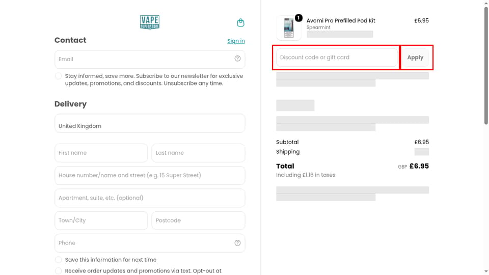Vape Superstore checkout page showing the Discount code or gift card field and Apply button