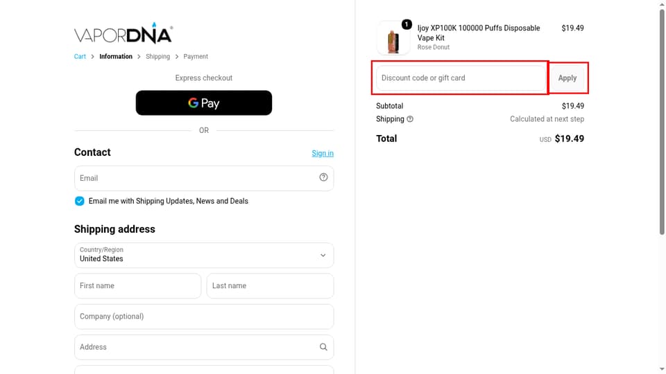Vapor DNA checkout page showing the Discount code or gift card field and Apply button
