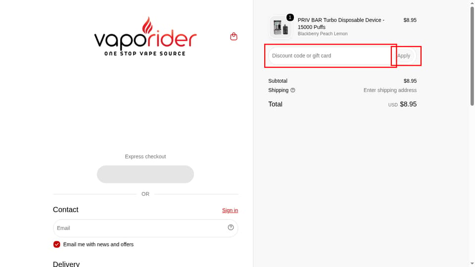 VapoRider checkout page showing the Discount code or gift card field and Apply button