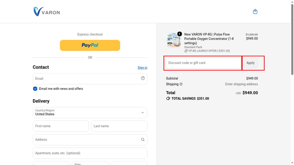 VARON checkout page showing the Discount code or gift card field and Apply button