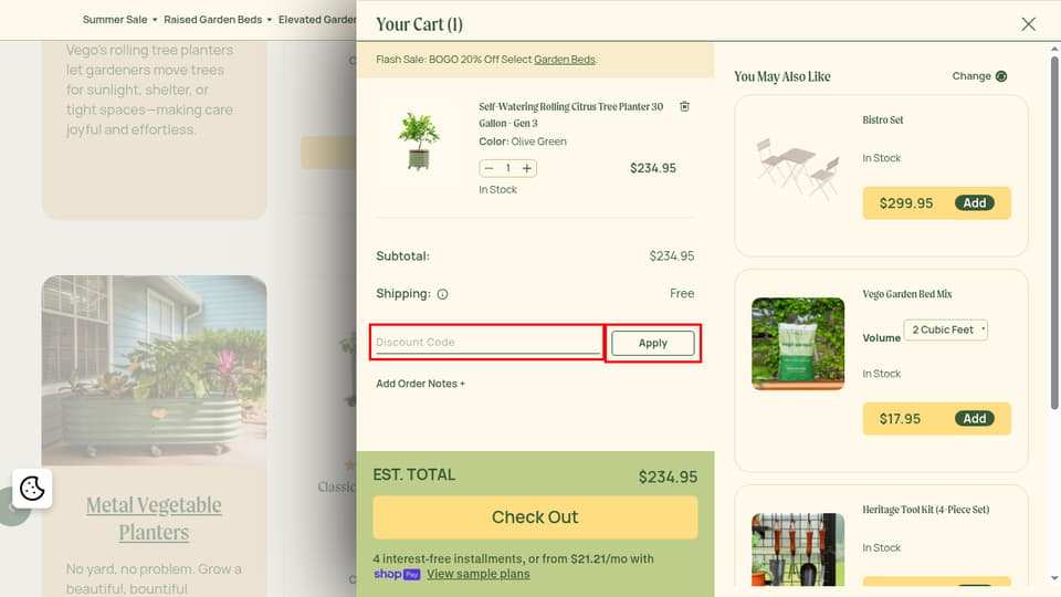 Vego Garden checkout page showing the Discount Code field and Apply button