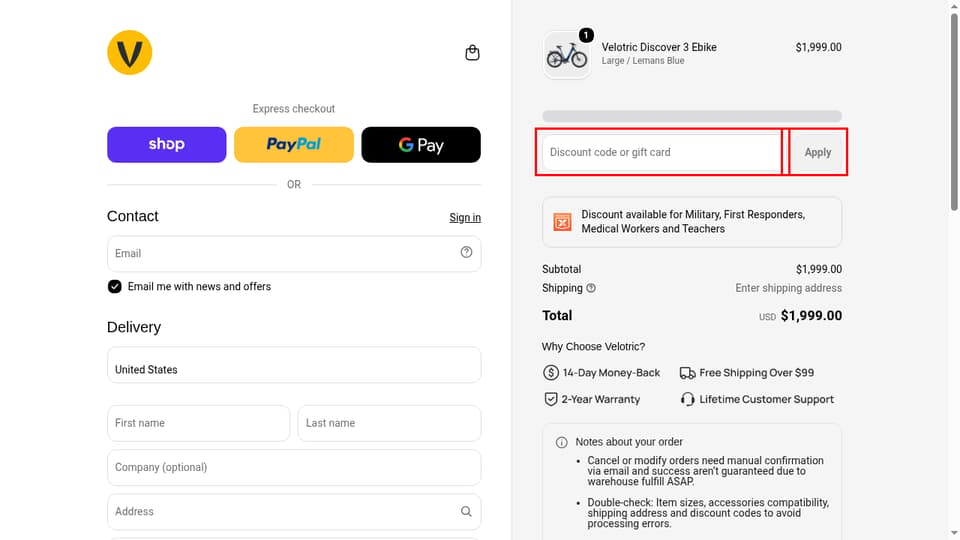 Velotric checkout page showing the Discount code or gift card field and Apply button