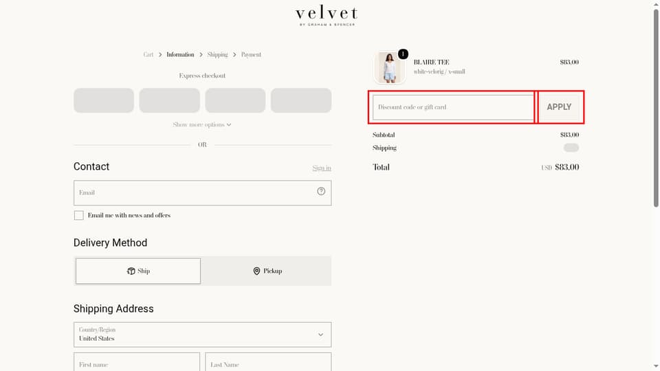 Velvet by Graham & Spencer checkout page showing the Discount code or gift card field and Apply button