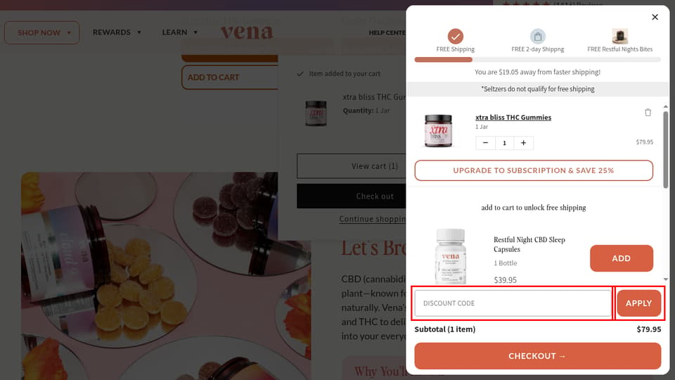 Vena CBD checkout page showing the DISCOUNT CODE field and APPLY button