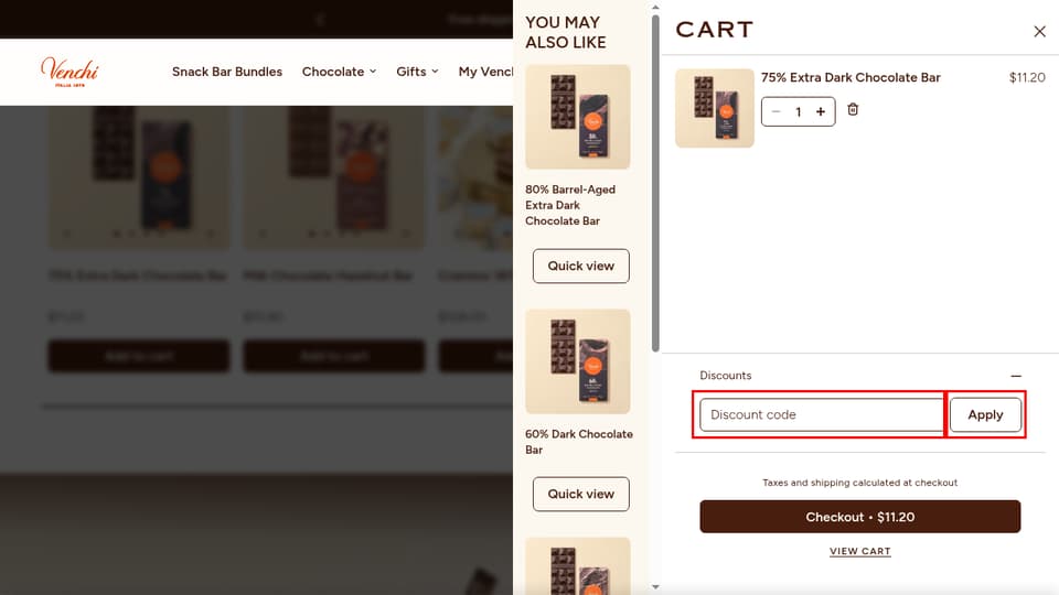Venchi checkout page showing the Discount code field and Apply button