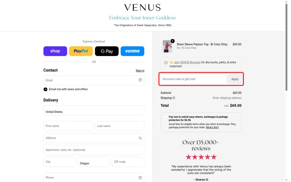 VENUS checkout page showing the Discount code or gift card field and Apply button