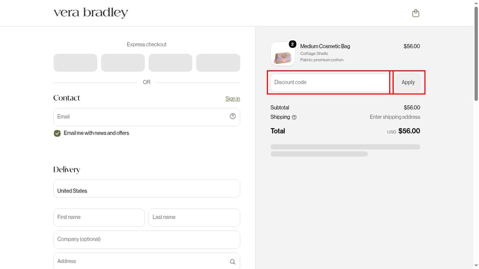 Vera Bradley checkout page showing the Discount code field and Apply button