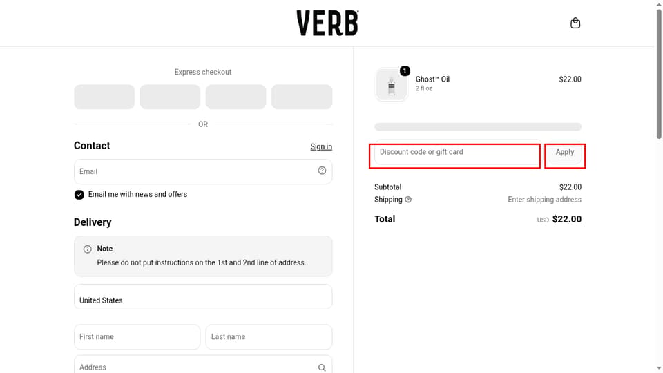 Verb checkout page showing the Discount code or gift card field and Apply button