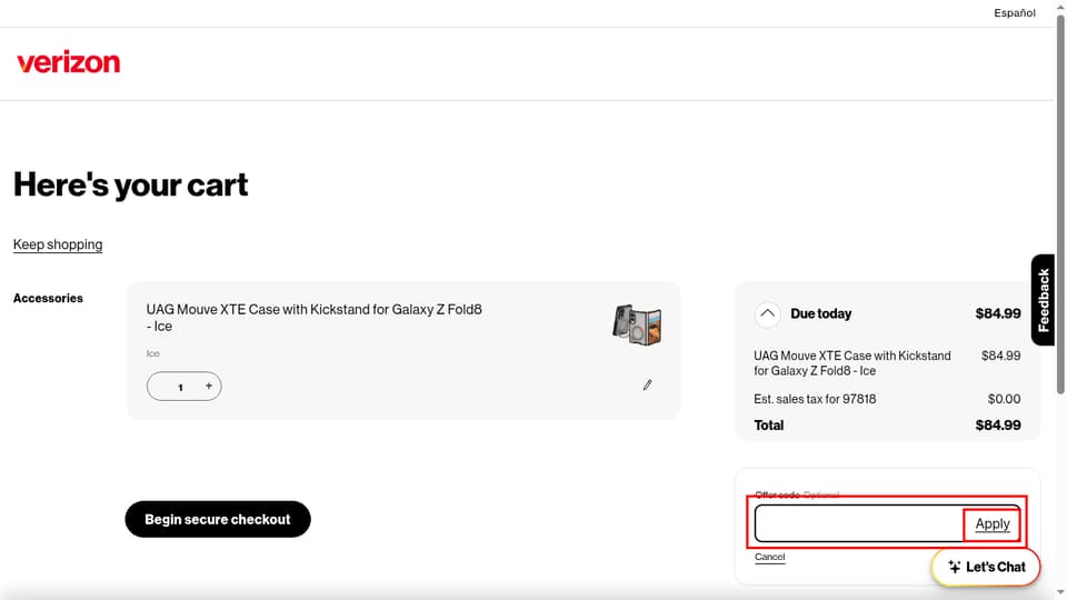 Verizon checkout page showing the Offer code field and Apply button