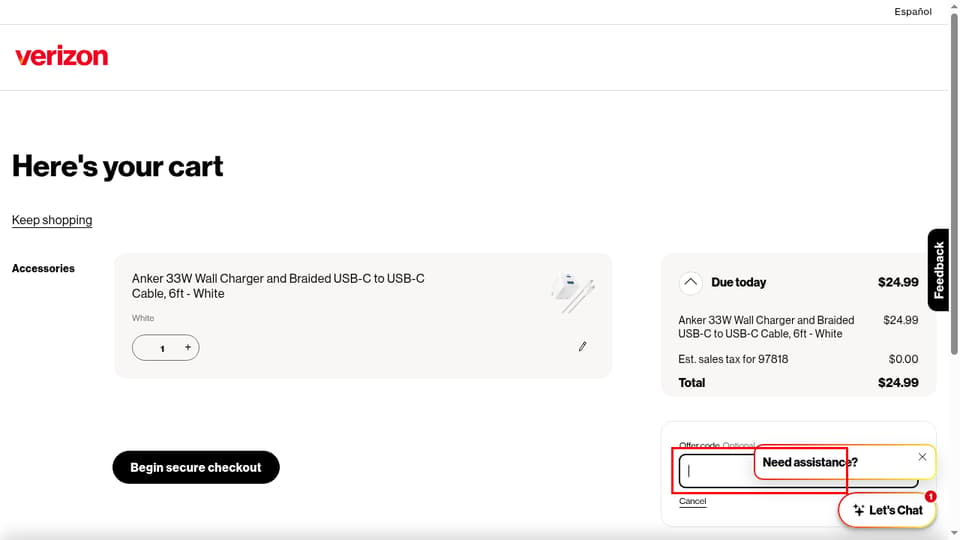 Verizon Wireless checkout page showing the Offer code field and Apply button