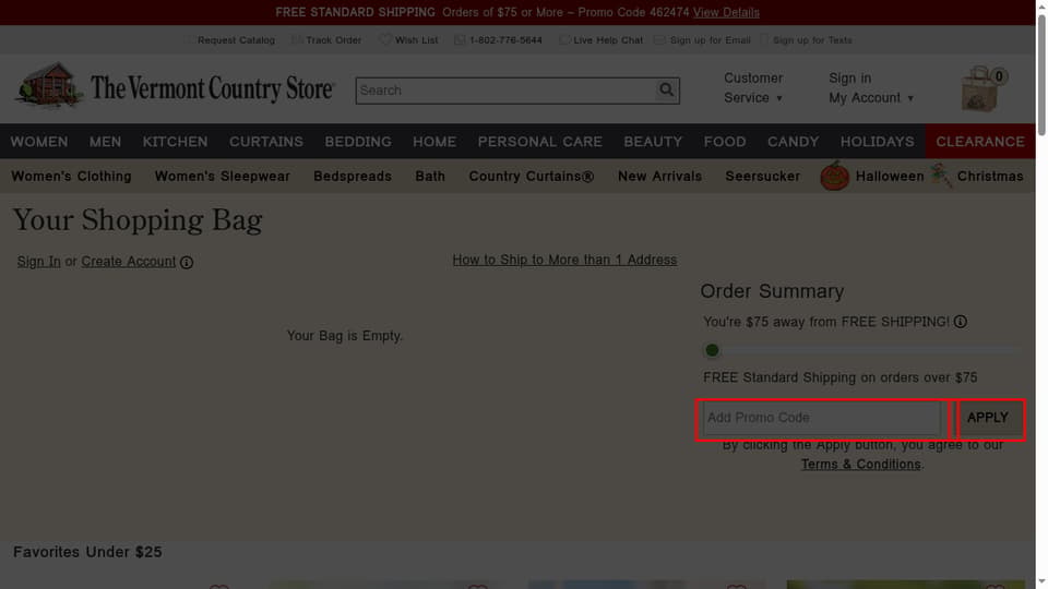 The Vermont Country Store checkout page showing the Add Promo Code field and Apply button