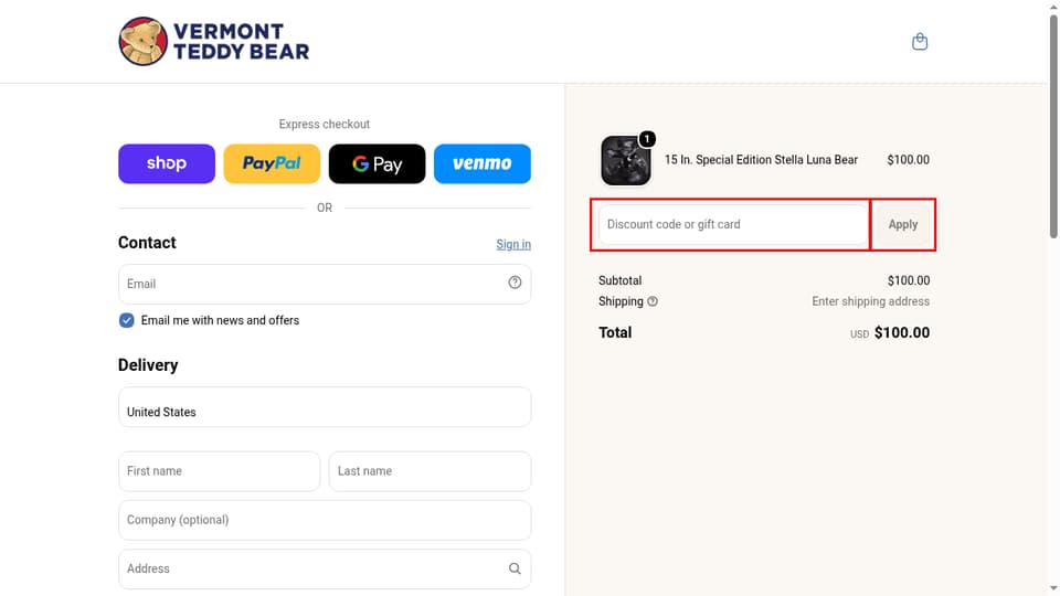 Vermont Teddy Bear checkout page showing the Discount code or gift card field and Apply button
