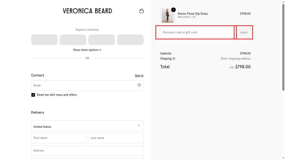 Veronica Beard checkout page showing the Discount code or gift card field and Apply button
