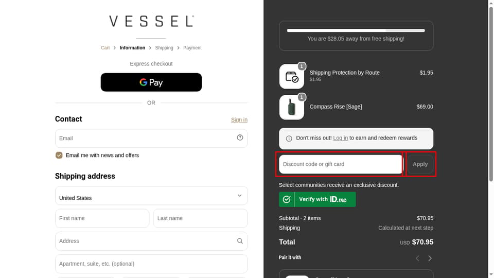 Vessel checkout page showing the Discount code or gift card field and Apply button