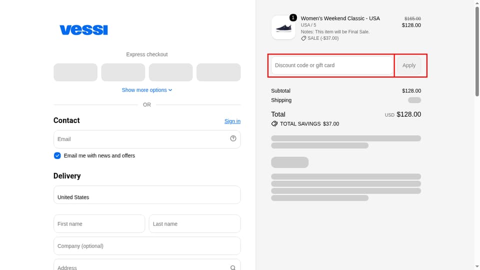 Vessi checkout page showing the Discount code or gift card field and Apply button