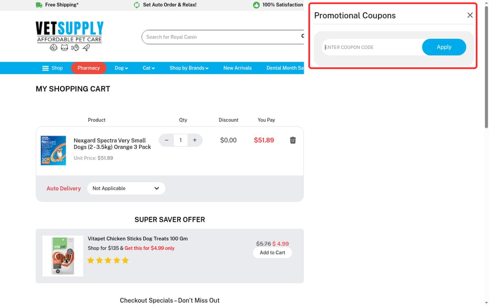 VetSupply checkout page showing the Enter Coupon Code field and Apply button