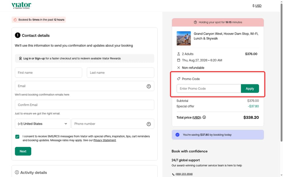 Viator checkout page showing the Enter Promo Code field and Apply button
