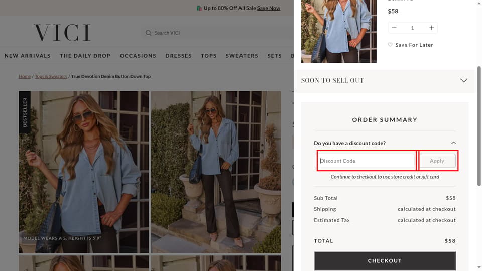 VICI checkout page showing the Discount Code field and Apply button