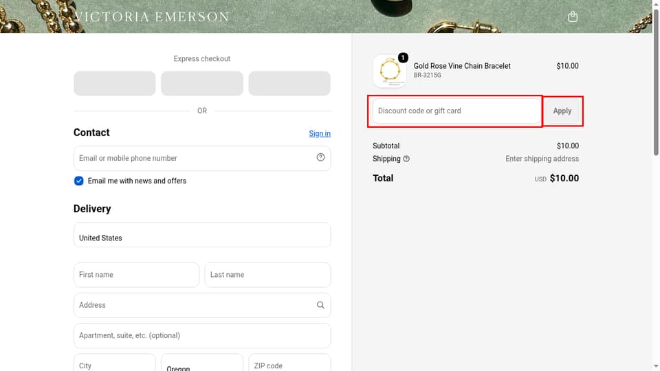Victoria Emerson checkout page showing the Discount code or gift card field and Apply button