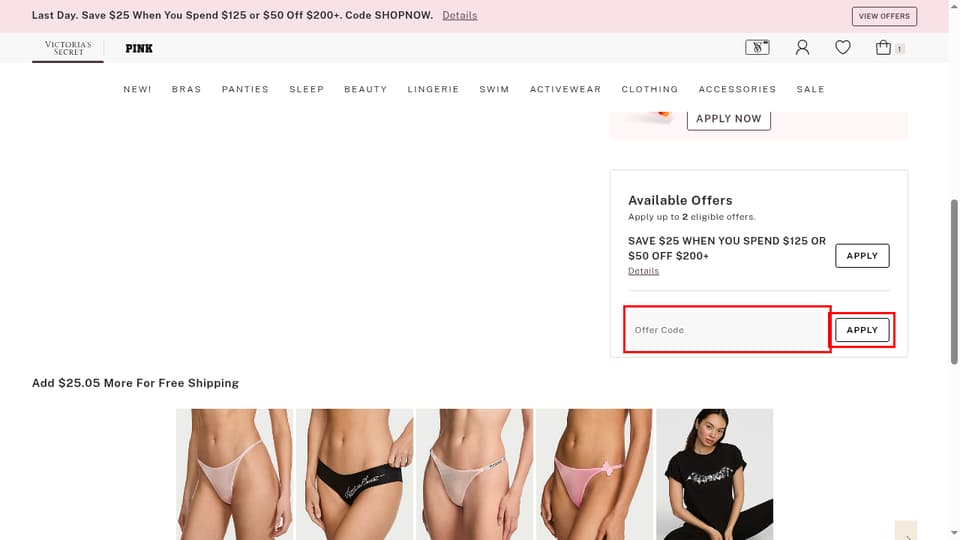 Victoria's Secret checkout page showing the Offer Code field and Apply button