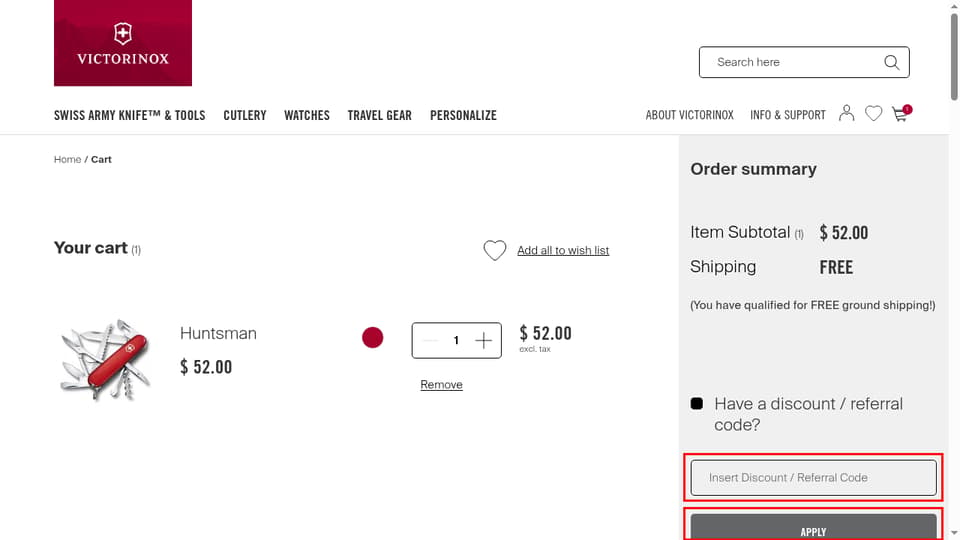 Victorinox checkout page showing the Insert Discount / Referral Code field and APPLY button