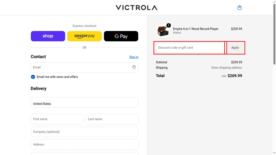 Victrola checkout page showing the Discount code or gift card field and Apply button