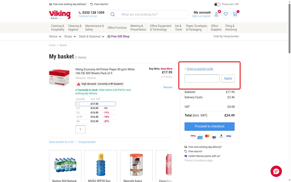 Viking Direct UK checkout page showing the Enter a voucher code field and Apply button