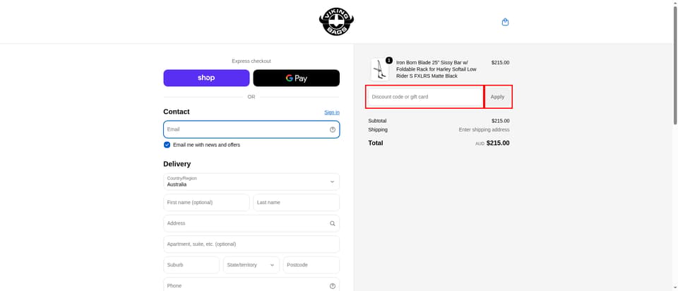 Viking Bags checkout page showing the Discount code or gift card field and Apply button