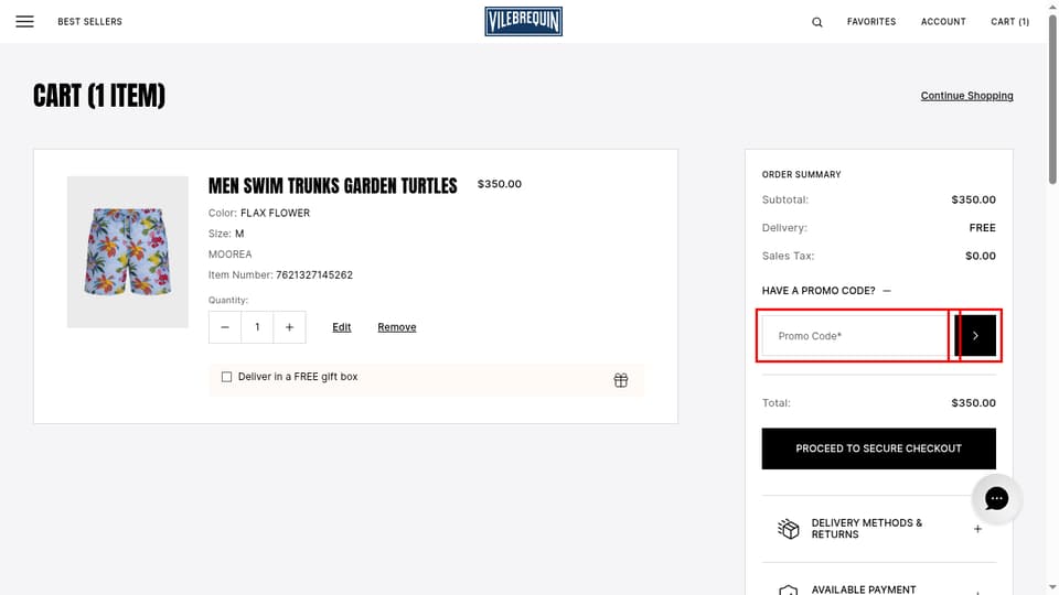 Vilebrequin checkout page showing the Enter Promo Code field and Apply button