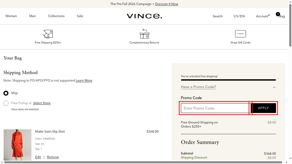 Vince checkout page showing the Enter Promo Code field and Apply button
