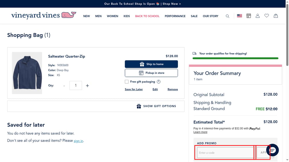 Vineyard Vines checkout page showing the Enter a code field and Apply button